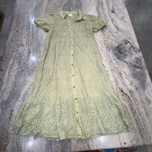 Happy Threads L Green Eyelet Embroidered Midi Dress Button Down Peasant Beach